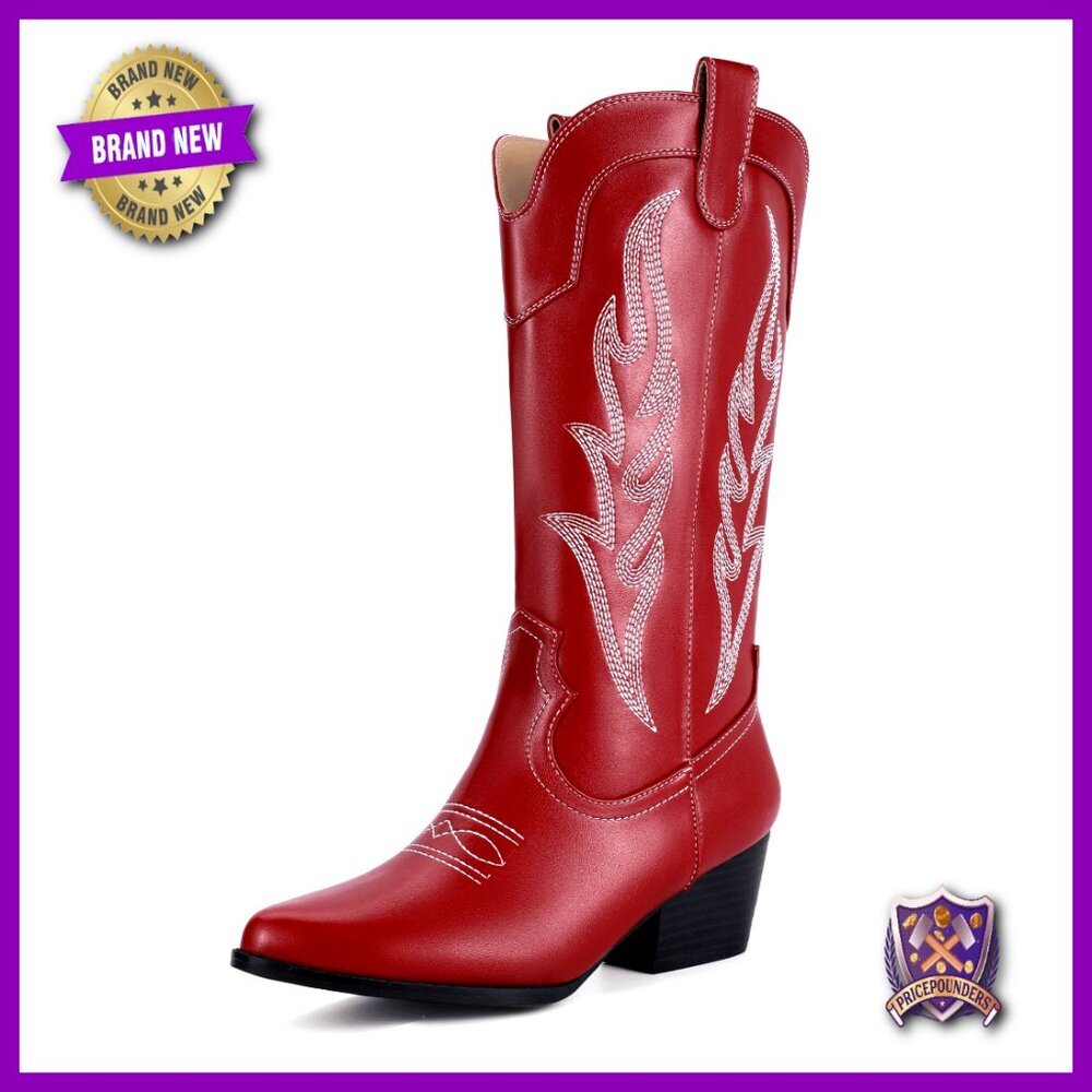 Mid Calf Cowboy Boots Embroidered Western Chunky Low Heel Pointed Toe